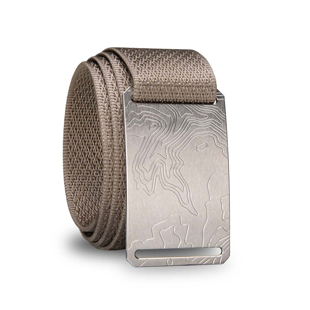 tan belt with titanium belt buckle