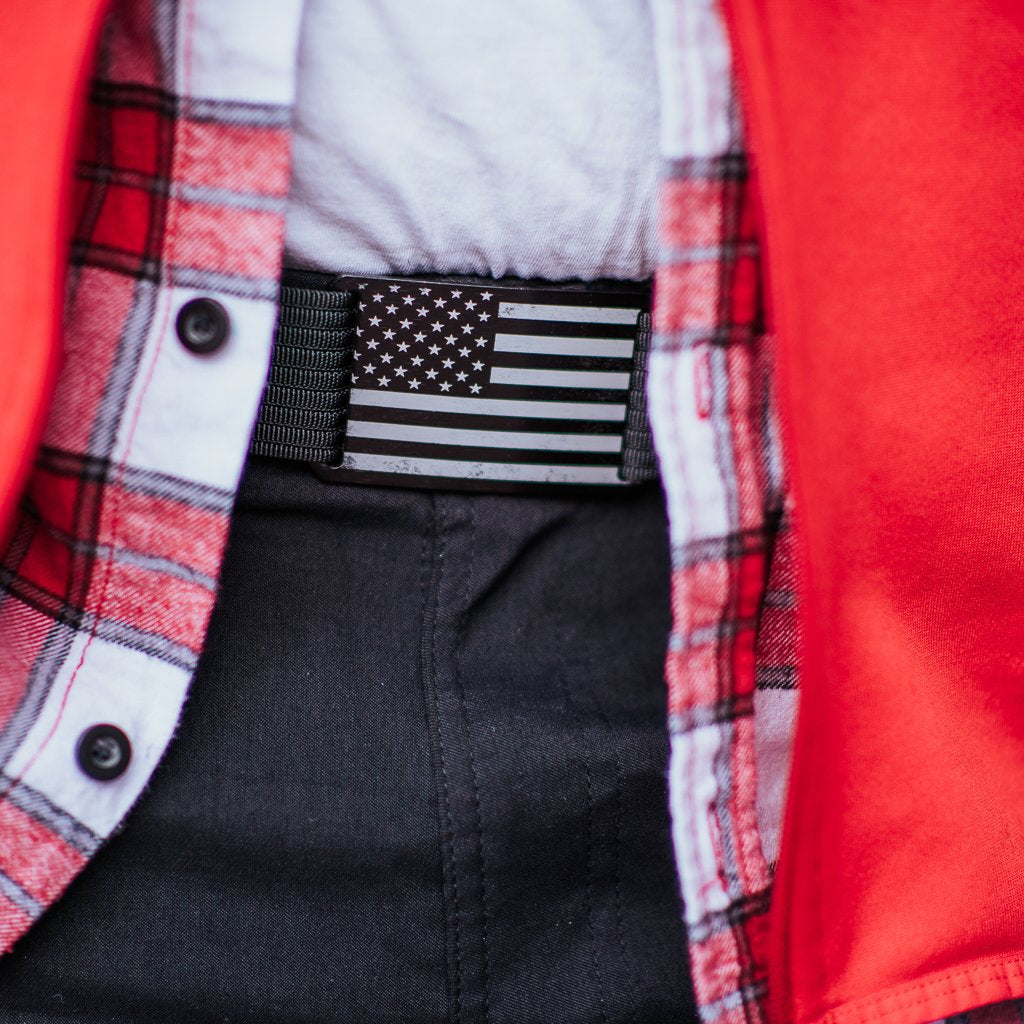 close up worn image of American Flag belt