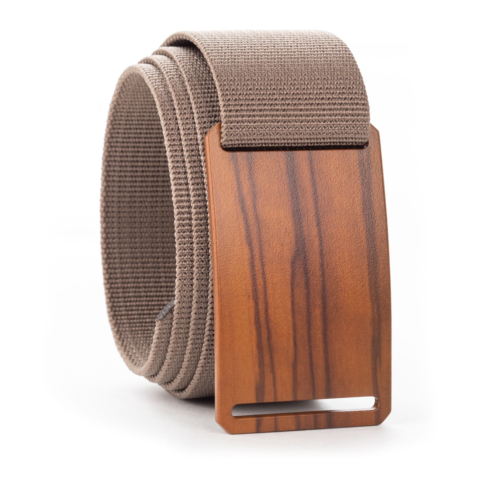 tan belt with wood belt buckle