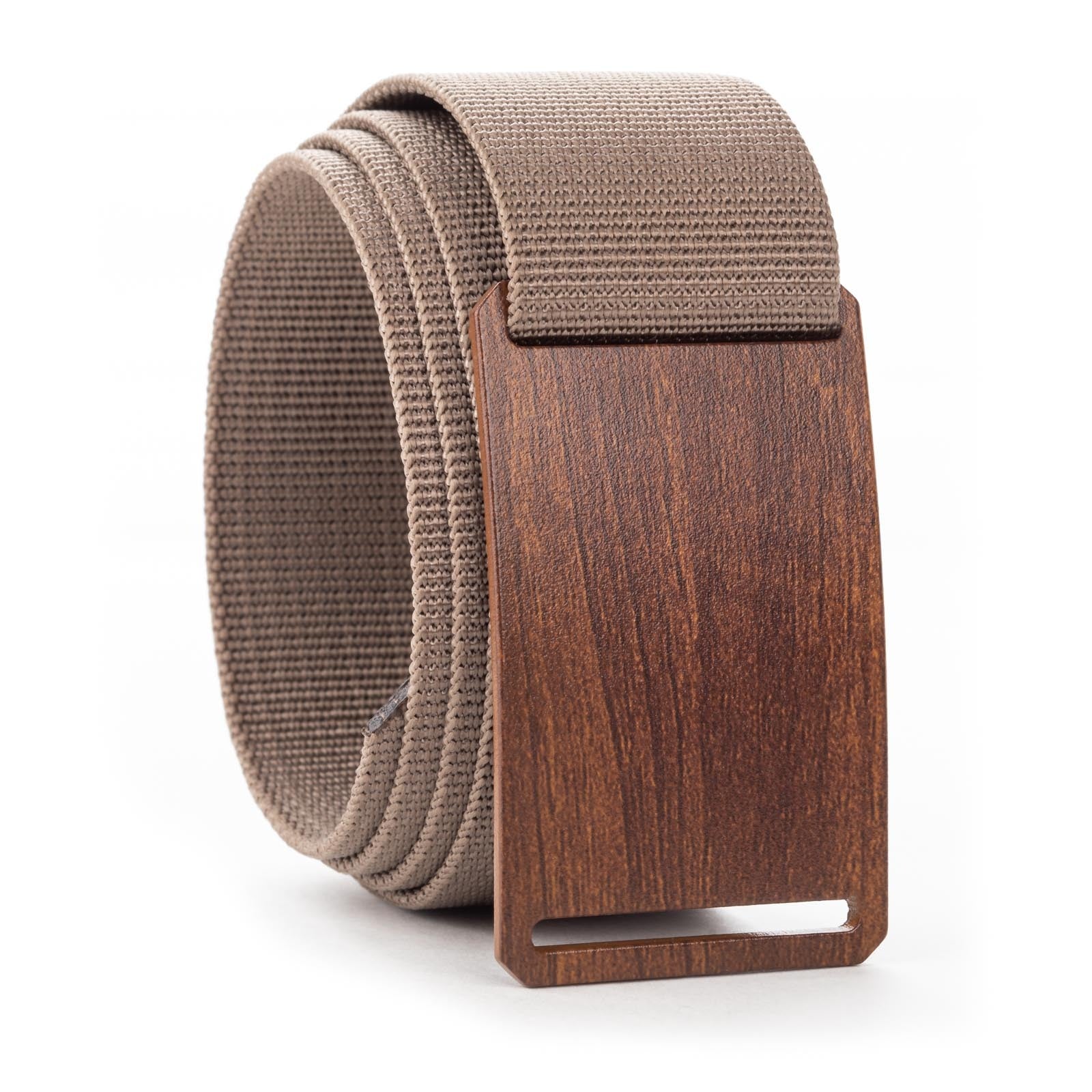 wood grain belt buckle with tan belt