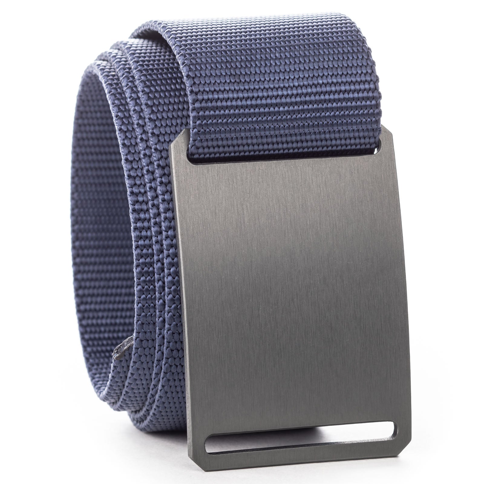 minimalist blue belt with gunmetal buckle