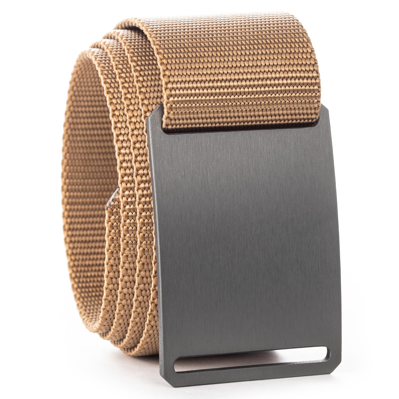 gunmetal belt buckle with tan belt strap swatch-image