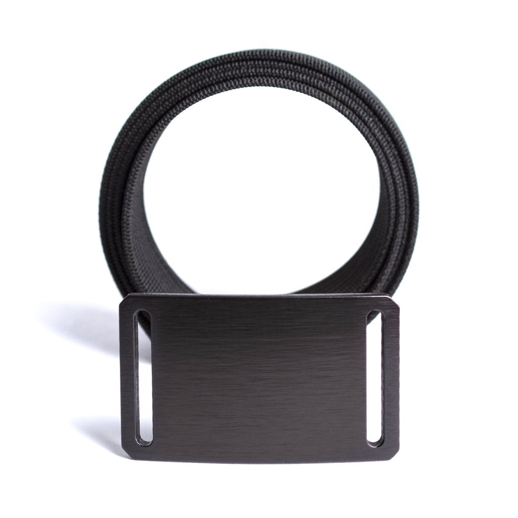 black belt buckle in front of black belt strap