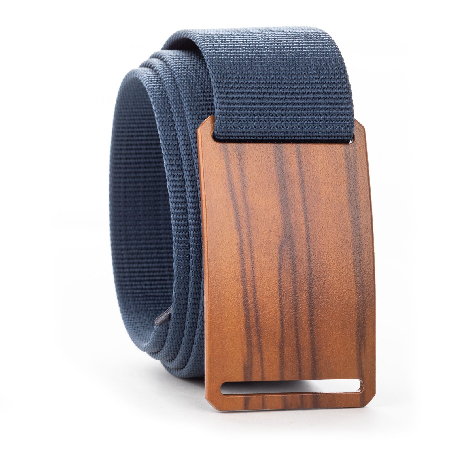 olive wood grain belt buckle with blue belt strap swatch-image