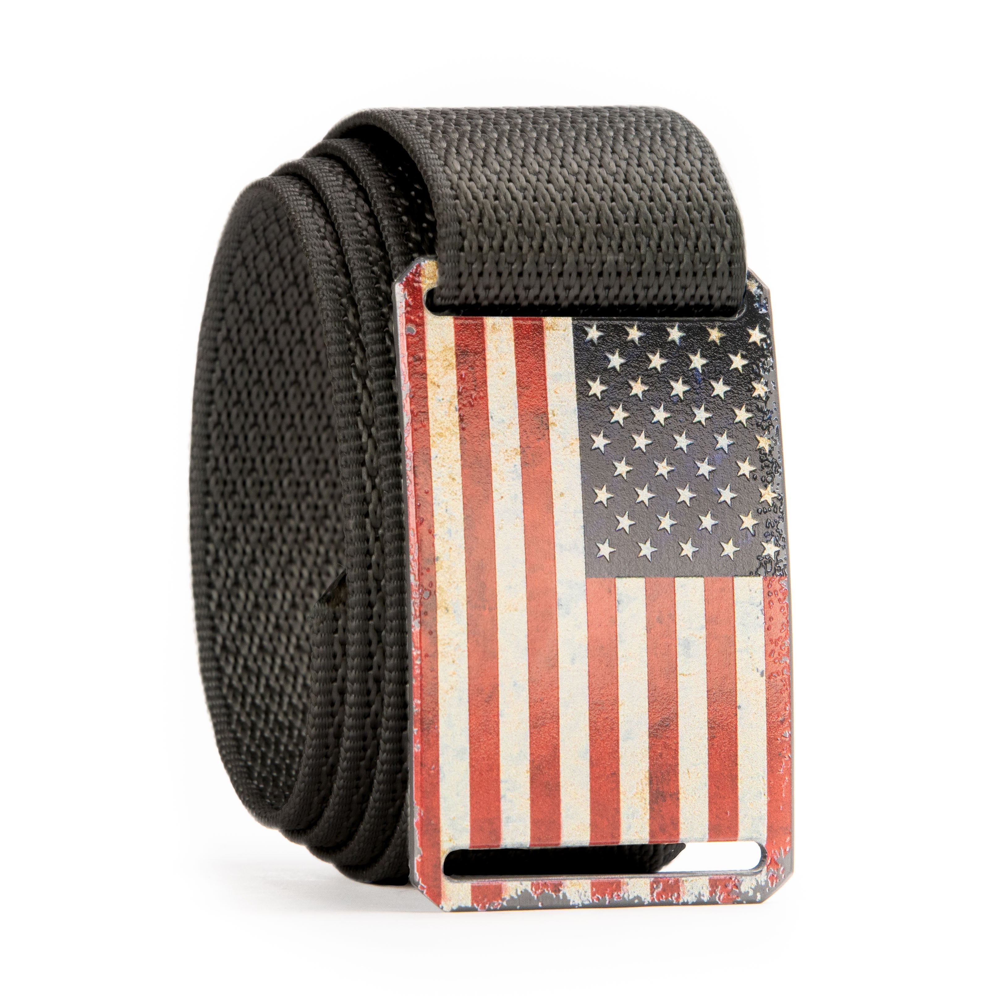 rustic American flag belt buckle with black belt strap swatch-image