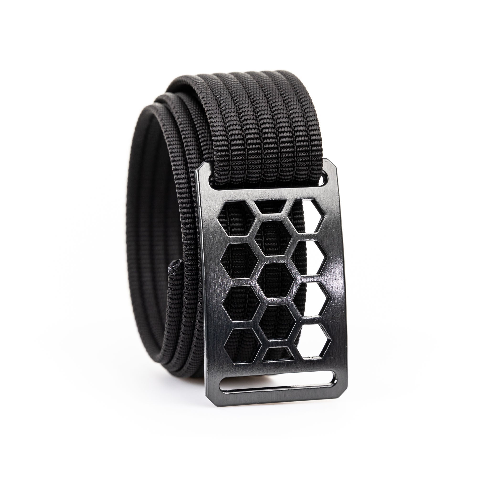 honeycomb design gunmetal belt buckle with black belt swatch-image