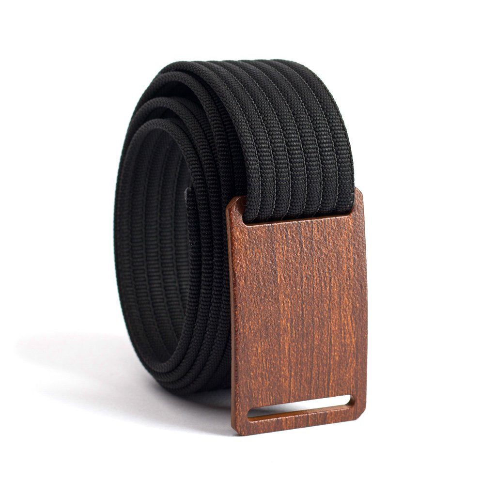 Walnut wood grain belt buckle with black belt strap