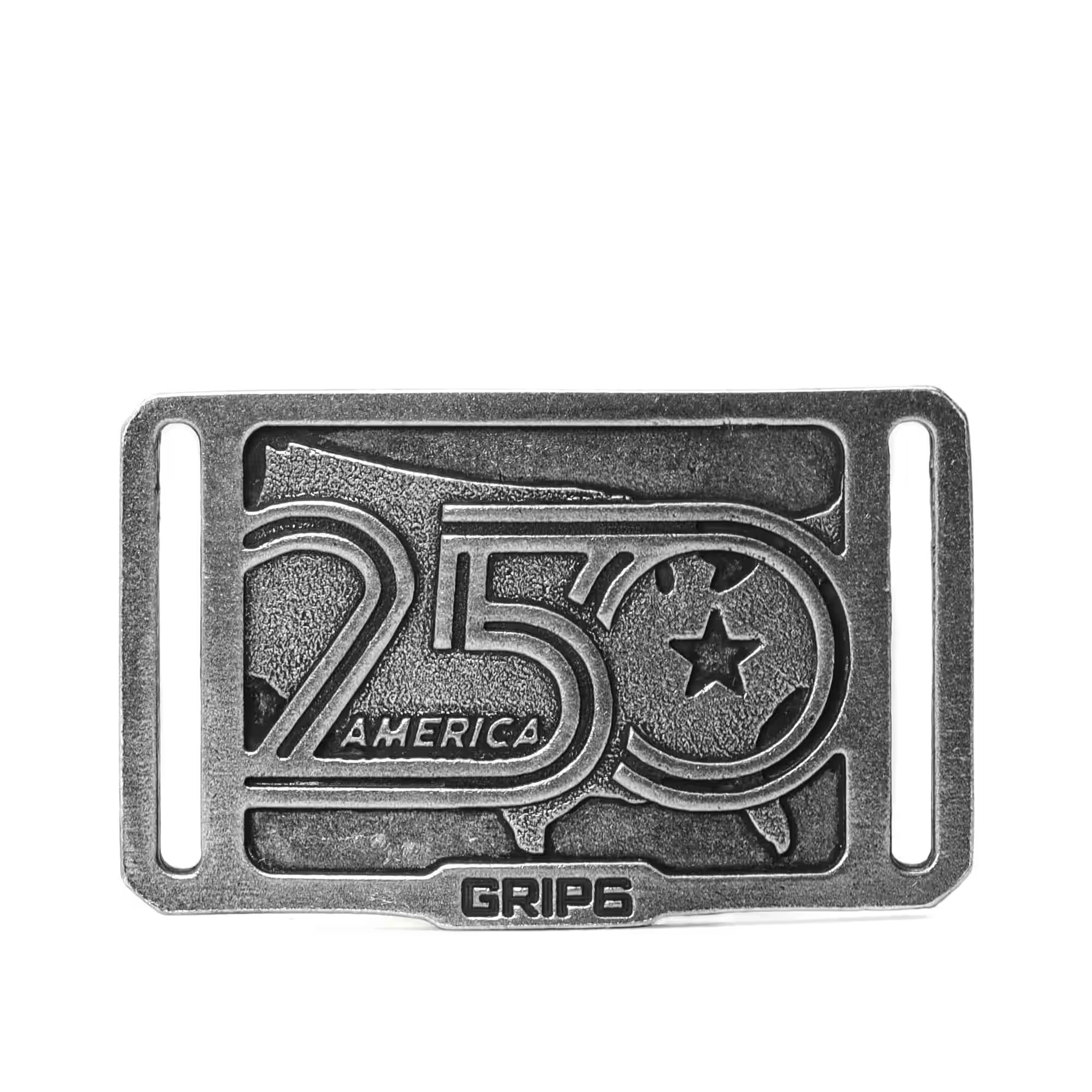 Metallic belt buckle with '25 America' and 'GRIP6' text on a white background