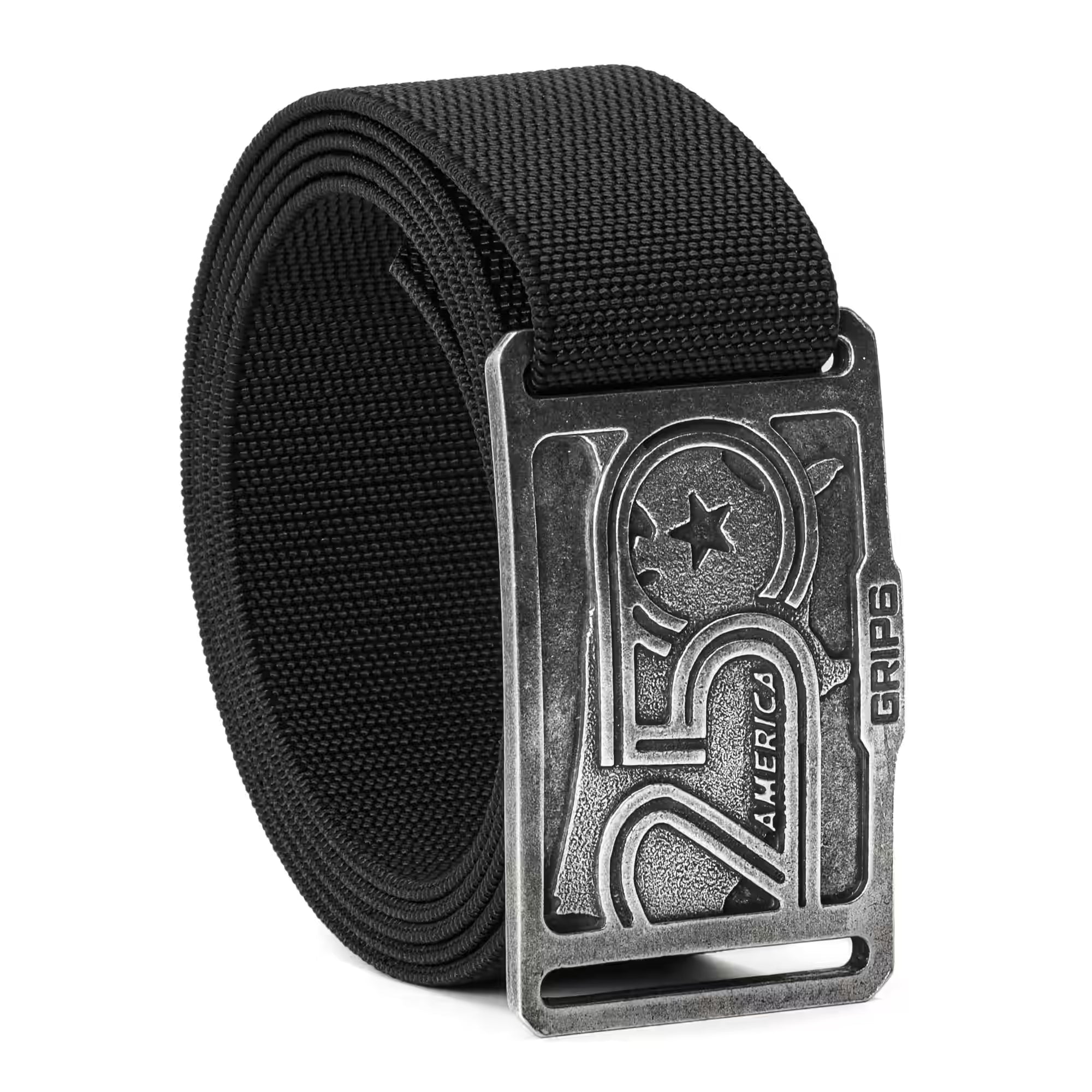 Black belt with a metallic buckle on a white background
