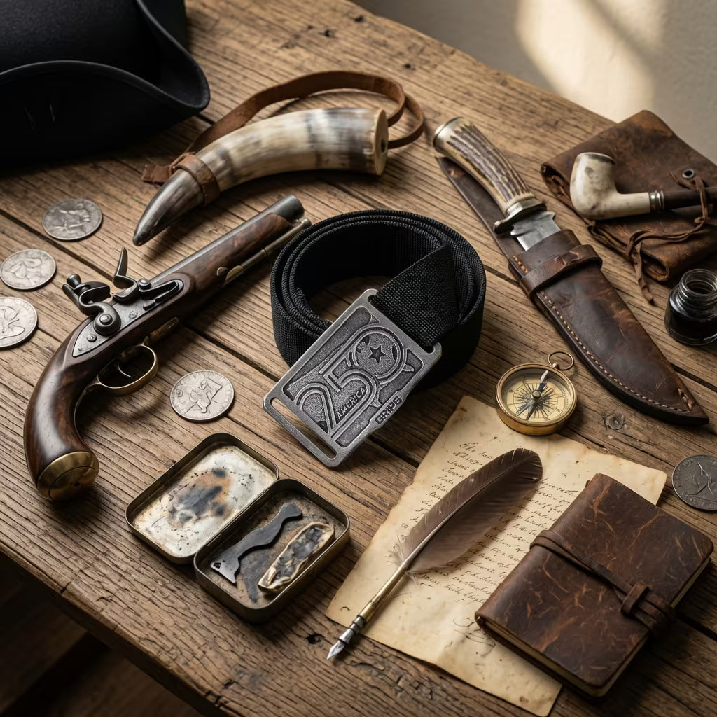 Vintage items including a belt with a '25' buckle, gun, knife, and other accessories on a wooden surface.