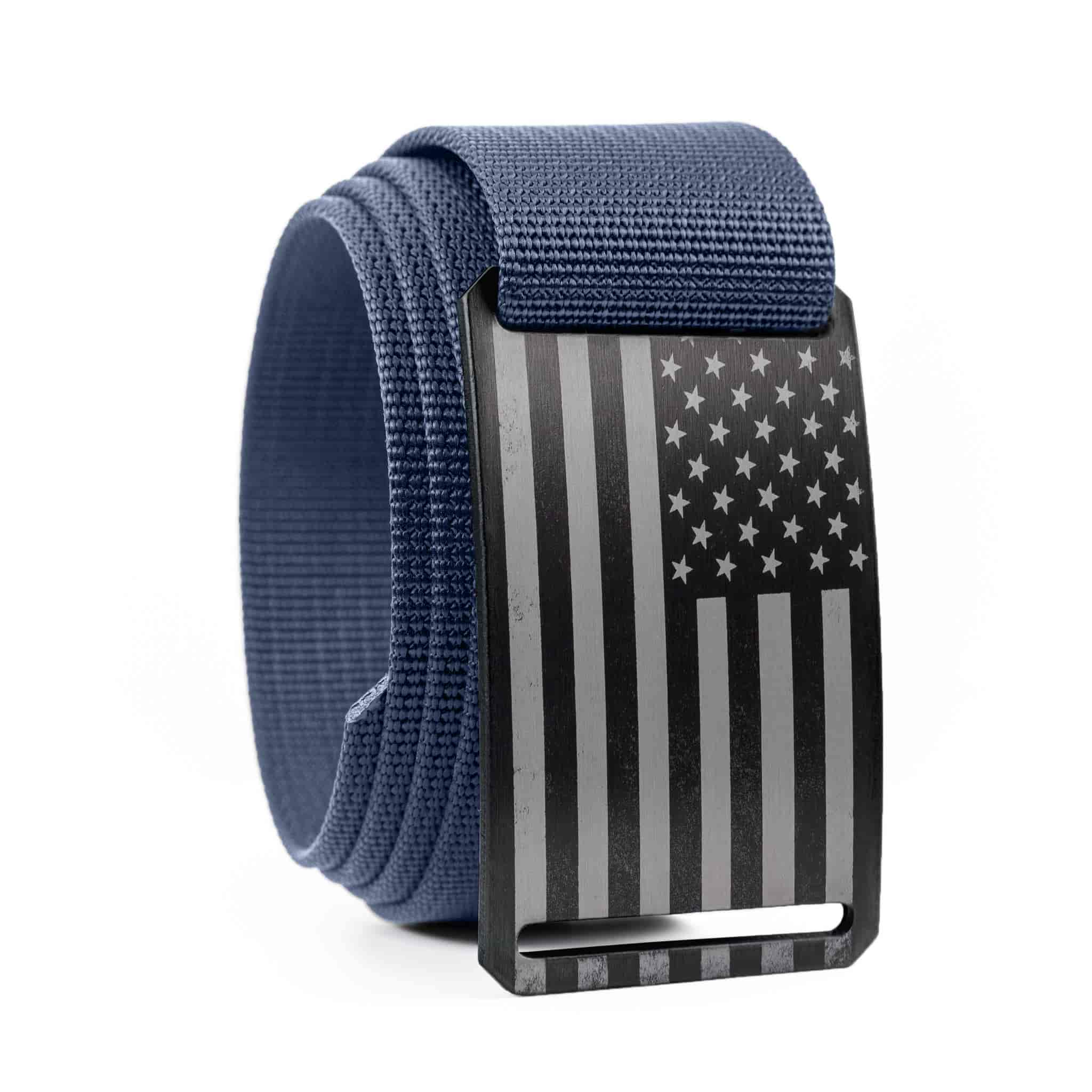 american flag belt buckle with blue belt strap