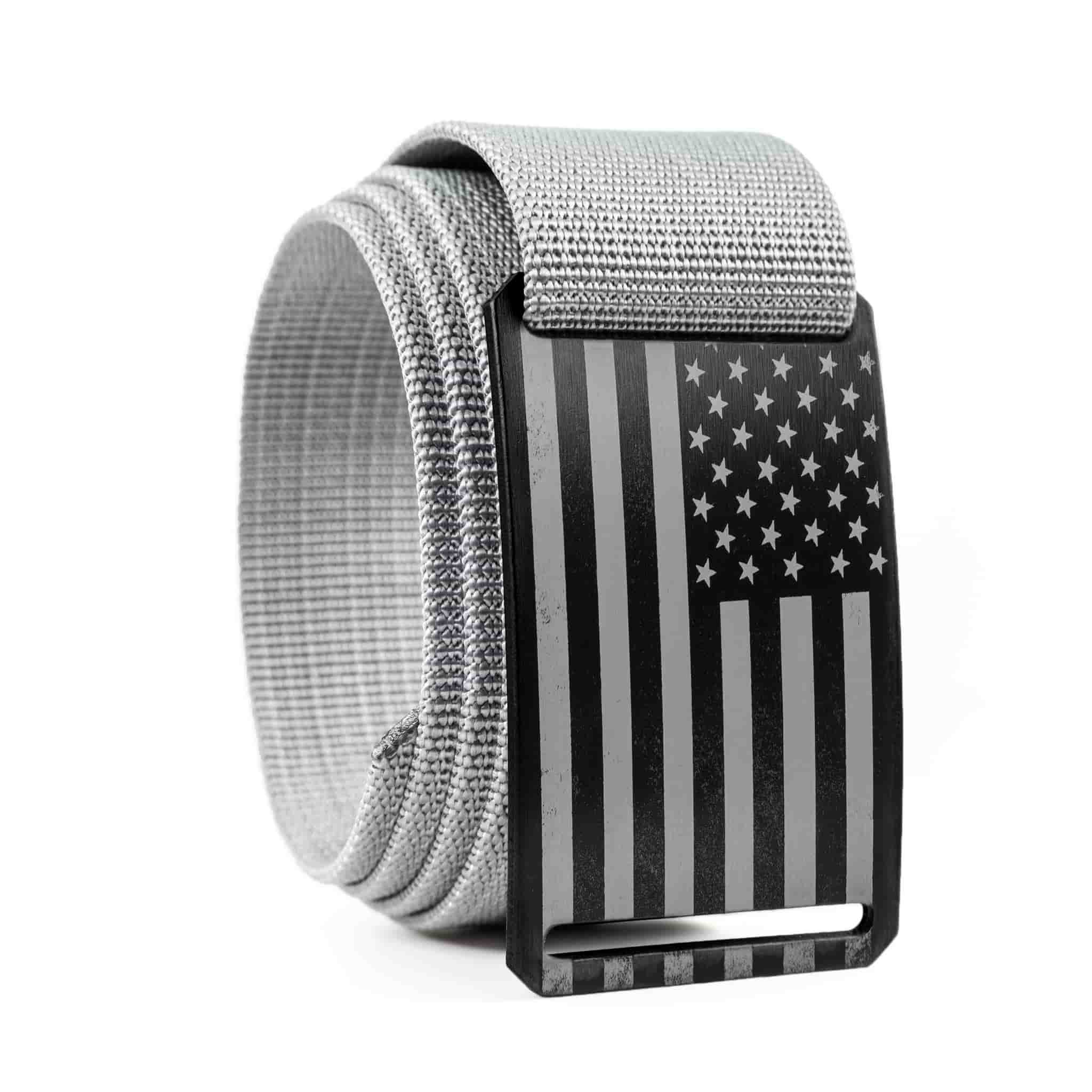 USA flag belt buckle with grey belt strap