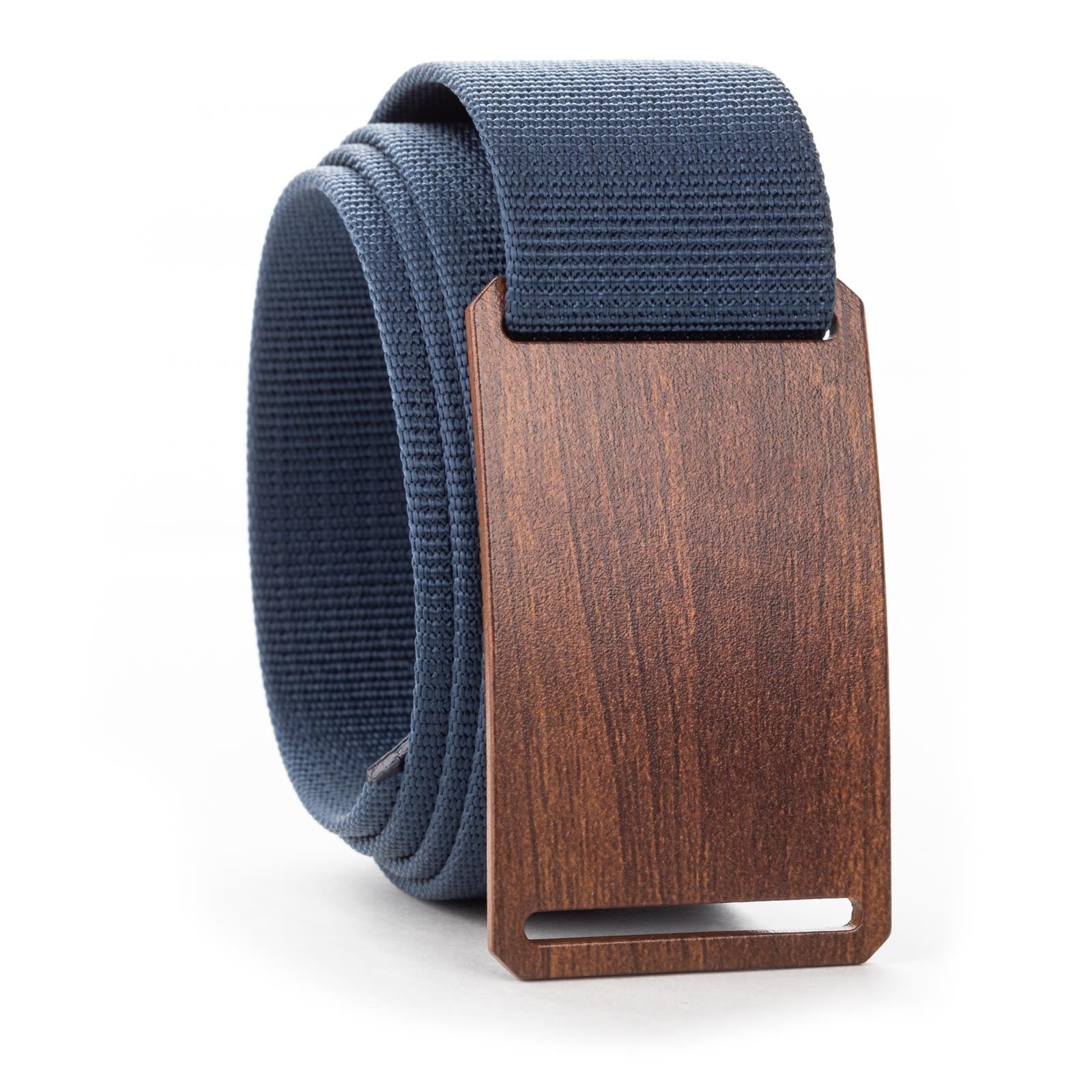 wood grain belt buckle with blue belt swatch-image