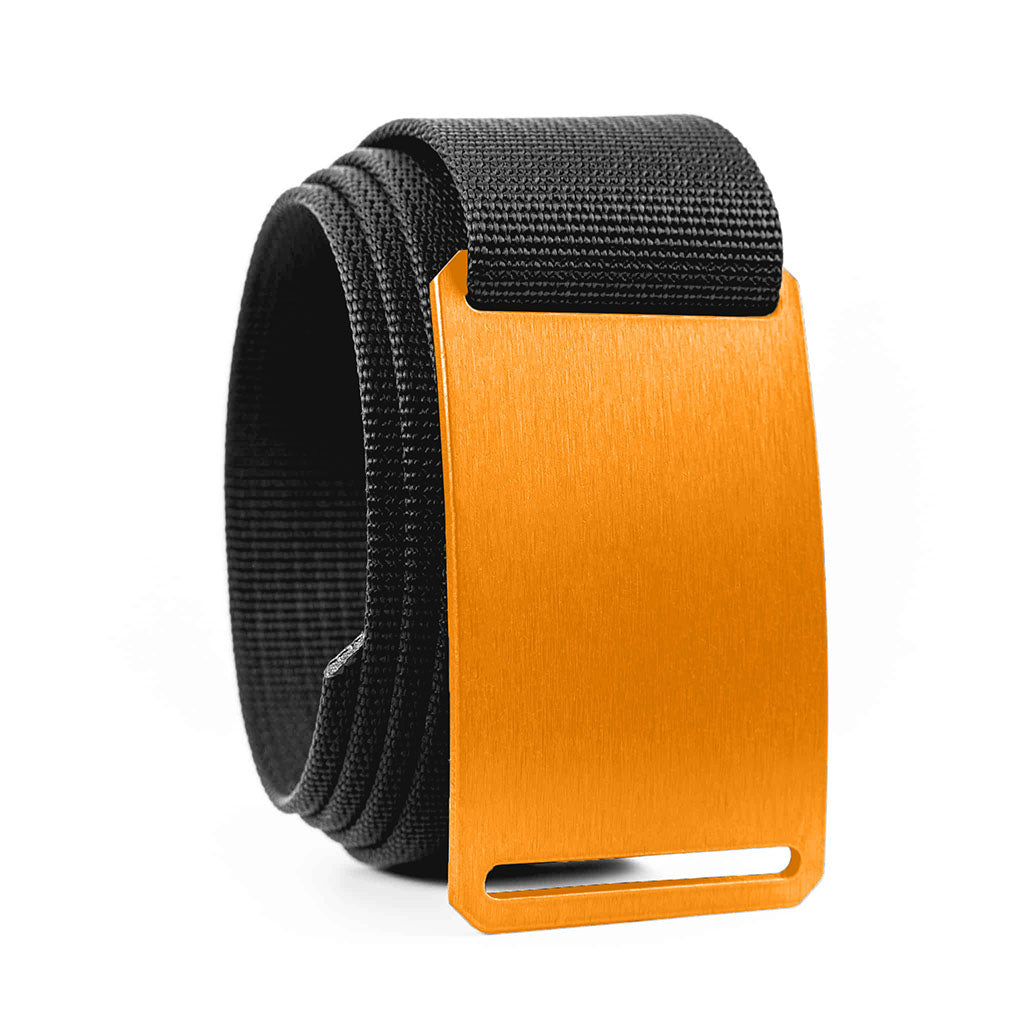 orange belt buckle with black belt strap