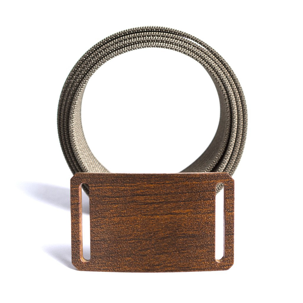 walnut wood grain belt buckle with tan belt strap